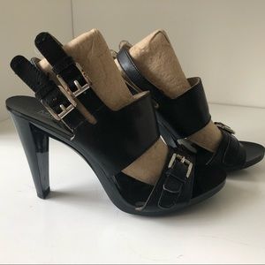 MICHAEL Michael Kors Black Leather Multi-Buckle Heeled Sandal — Size 7